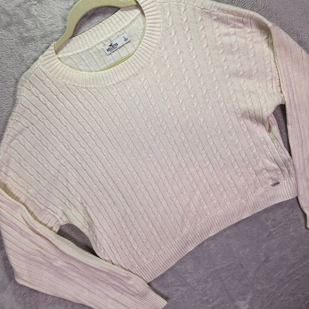 Hollister Womens Sweater Size L Cream Cable Knit Cropped Drop Shoulder Pullover